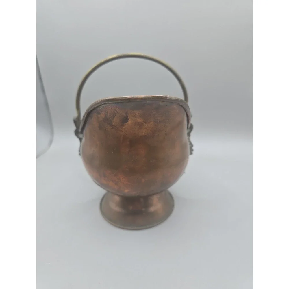 Vntg Copper Brass Coal Ash Small Scuttle Bucket Delft Blue Handle 6-3/4